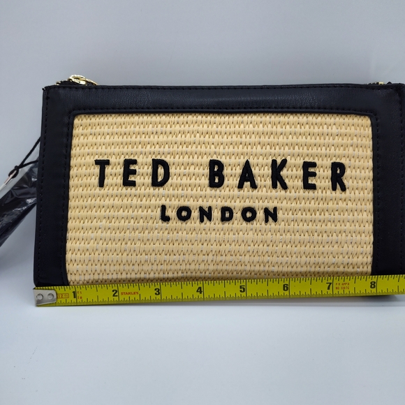Ted Baker Raffia Wristlet Clutch NWT Black Trim Woven Logo Bag Summer Travel - Picture 5 of 6